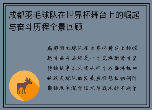 成都羽毛球队在世界杯舞台上的崛起与奋斗历程全景回顾